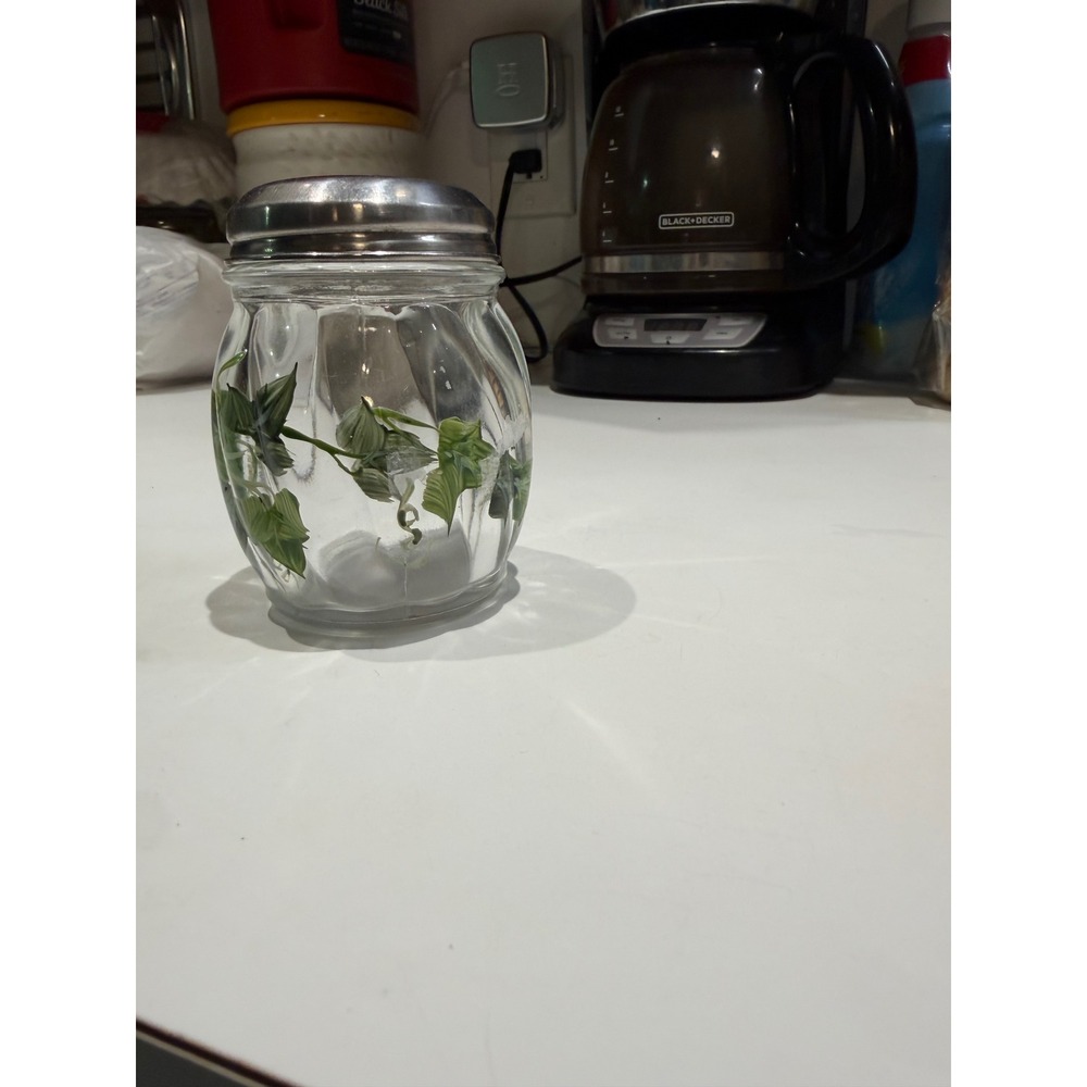 Vintage Glass Ivy Leaf Shaker Jar with Stainless Steel Lid for Cheese or Spice